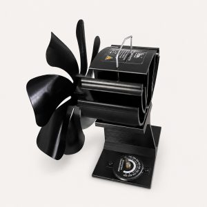 Angled view showing the blades, heat sink and thermometer on the stove fan base