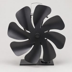 Front view of the black eight-blade heat-powered stove fan with built-in thermometer