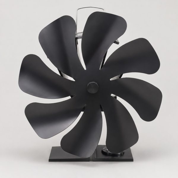 Front view of the black eight-blade heat-powered stove fan with built-in thermometer